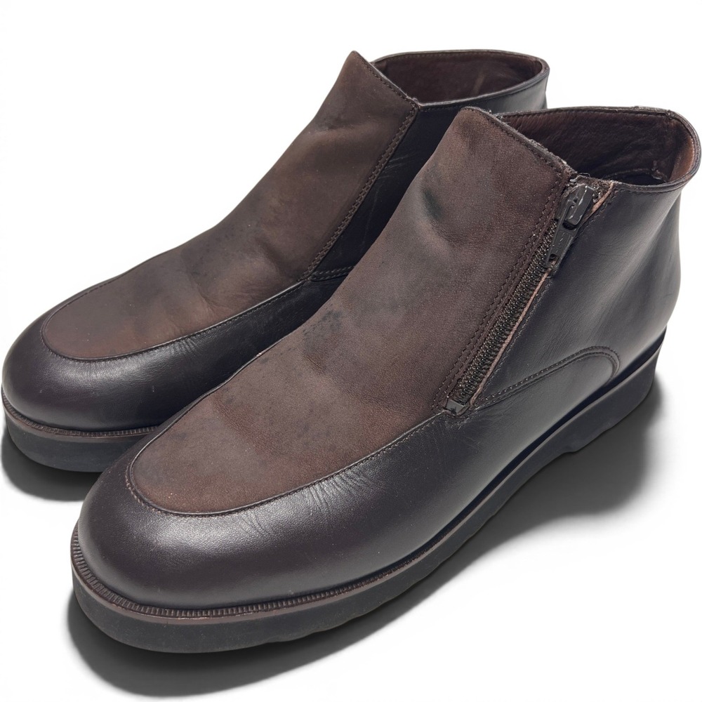 LL Bean Womens 9 Brown Leather Suede Ankle Boots Booties Side Zip Block Heel
